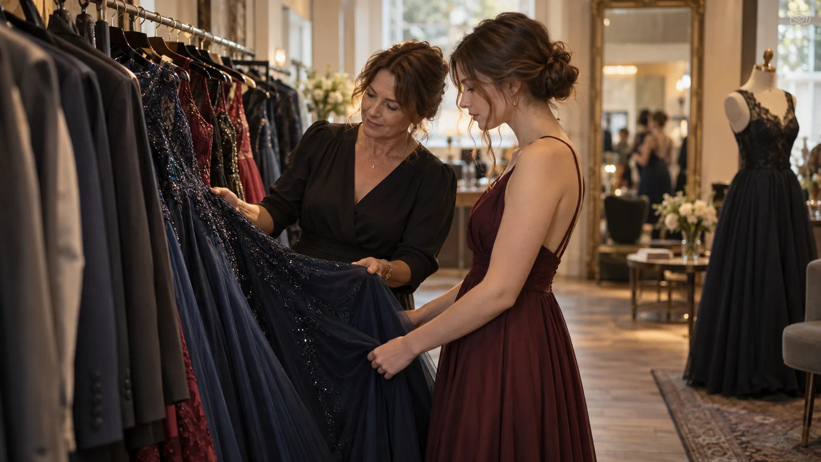 Abendmode im Geschäft: eine Stange mit Ballkleidern neben Anzügen, zwei Frauen betrachten ein Kleid