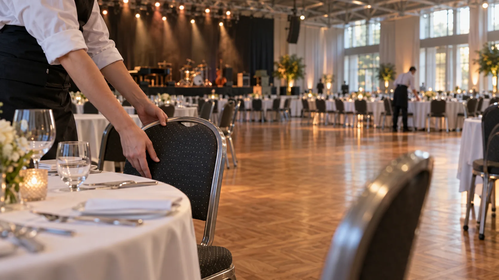 Ein Saal wird für einen Ball hergerichtet: runde Tische, Sessel, Tanzfläche und Bühne mit Lichttraverse